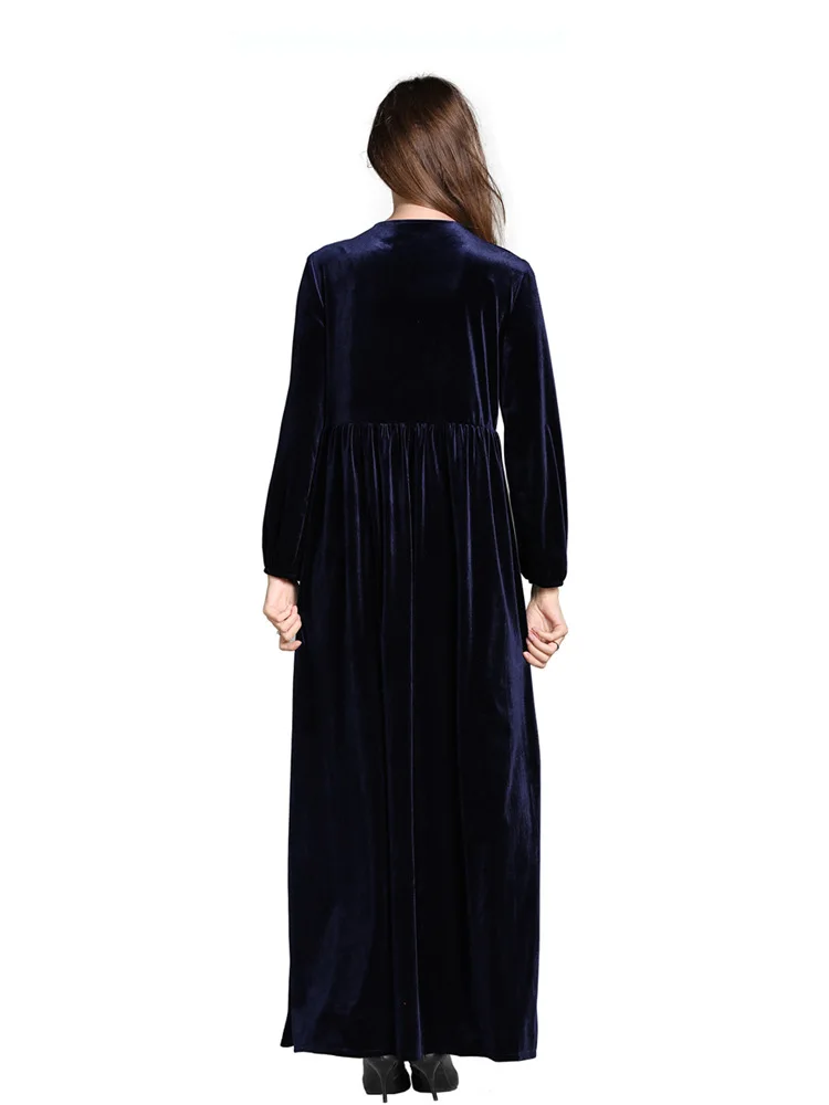 

WEPBEL Muslim Casual Velvet Dress Women's Elegant Long Sleeve O-Neck Embroidered High Waist Pleated Dress