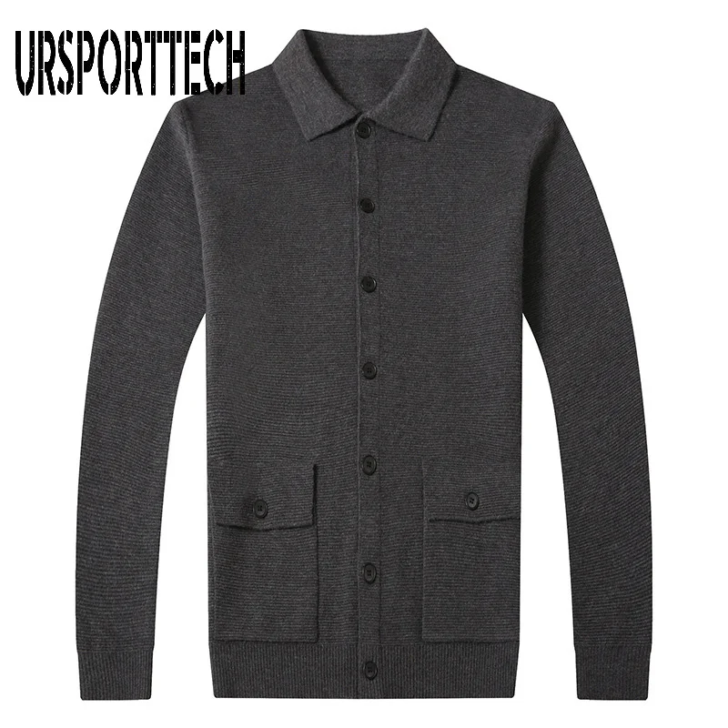 URSPORTTECH Men Cardigan Sweater Streetwear Fashion Sweater Coat Men Autumn Winter Warm Cashmere Woolen Cardigan Men With Pocket