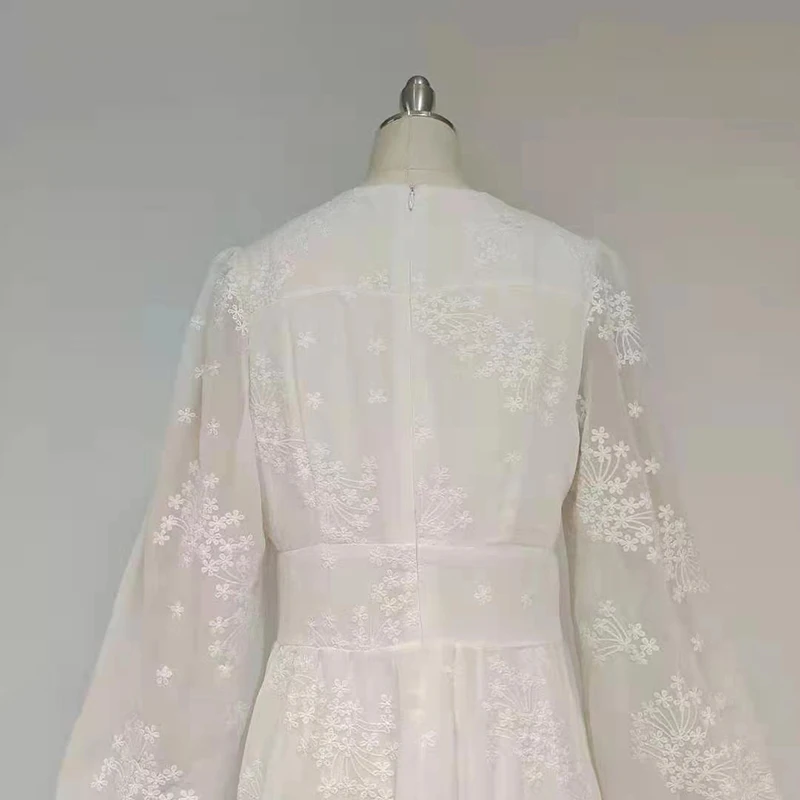 

TWOTWINSTYLE Vintage Embroidery Dress For Women V Neck Lantern Long Sleeve High Waist Solid Midi Dresses Female 2021 New Clothes