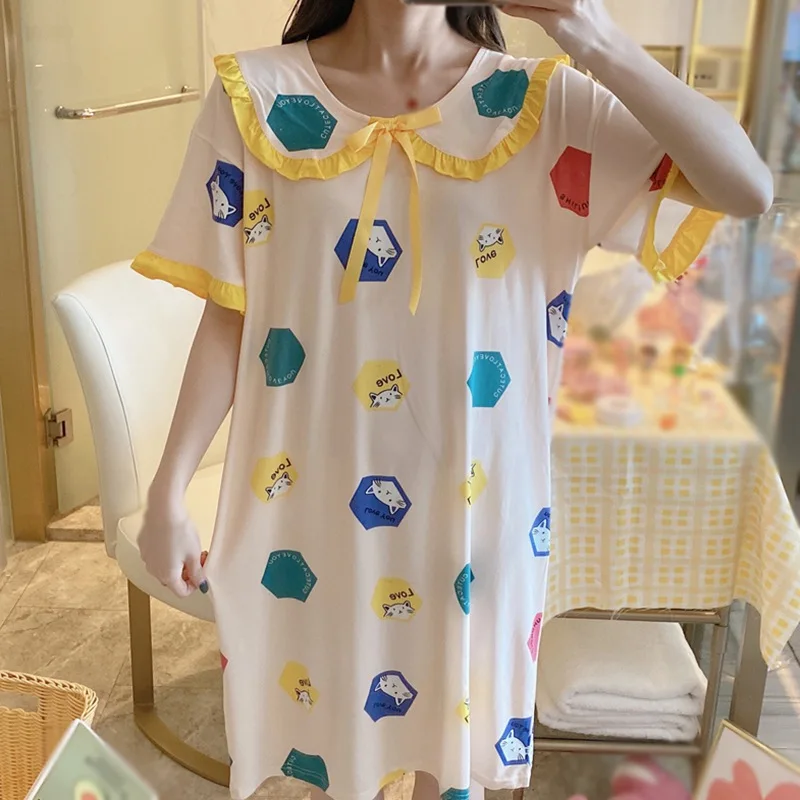 

Summer Women's Sleepwear Korean Style Casual Homewear Loungewear Cute Cartoon Print Doll Collar Mid-Length Nightdress Sleepshirt