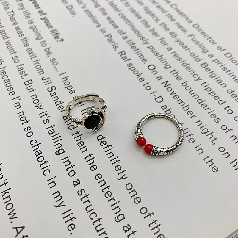 

QMCOCO 925 Sterling Silver Fashion Charms Black Round Ring Korean Jewelry Vintage Simple Fine Party Accessories Gifts