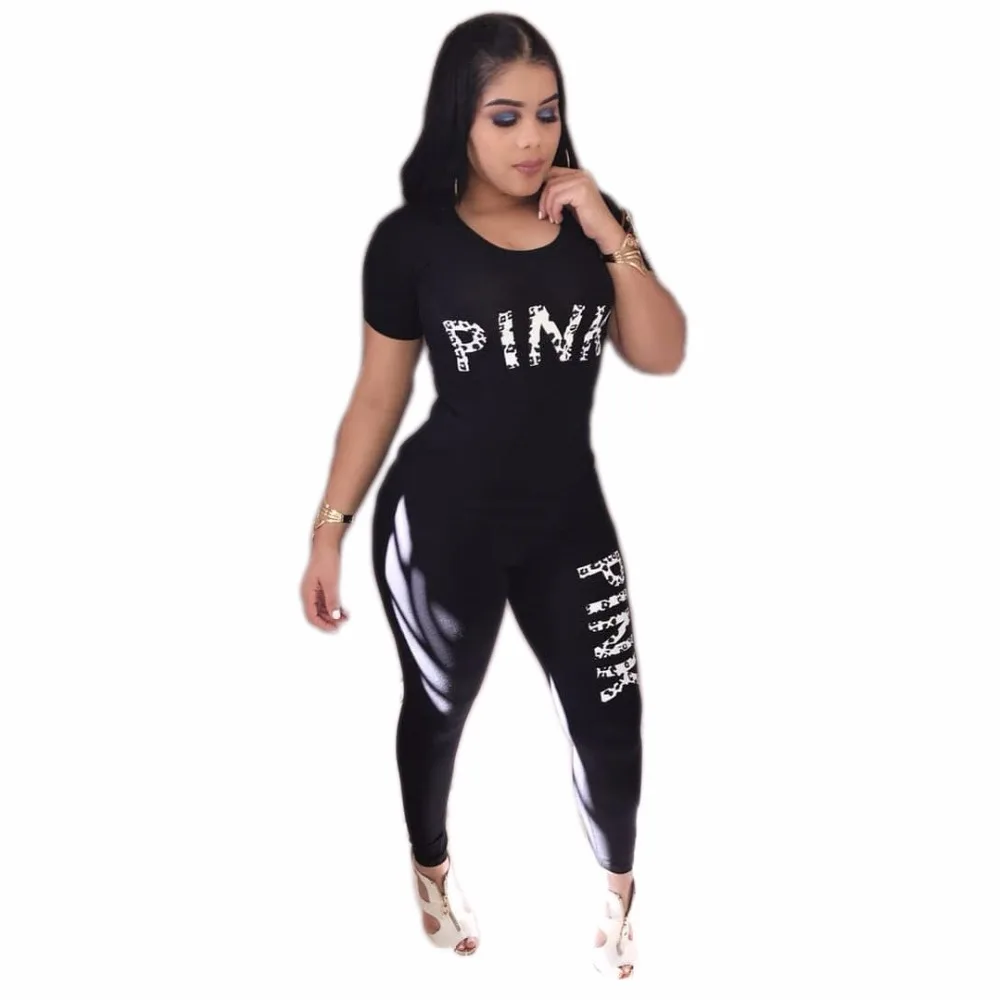 Women Letter Print Two Piece Set 2 Pink Outfits 2020 T-shirt Tops+Bodycon Long Pants Joggers Casual Sportswear Tracksuit |