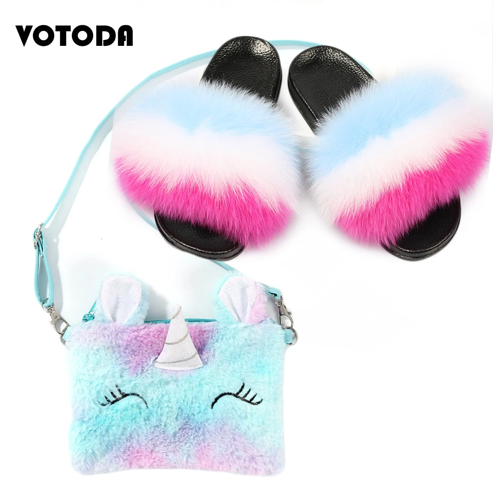 Детские тапочки с натуральным лисьим мехом Плюшевые шлепанцы из меха енота