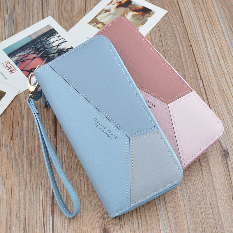 Geometric Patchwork PU Leather Women Long Zipper Wrist Purses Tassel Design Clutch Forever Young Wallet Female Card Holder