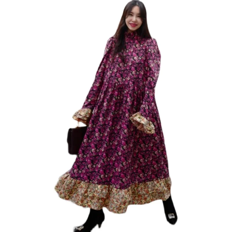 

2021 Spring New Fashionable Retro Style Color Matching Small Floral Dress Loose Slimming Flared Sleeves Dress