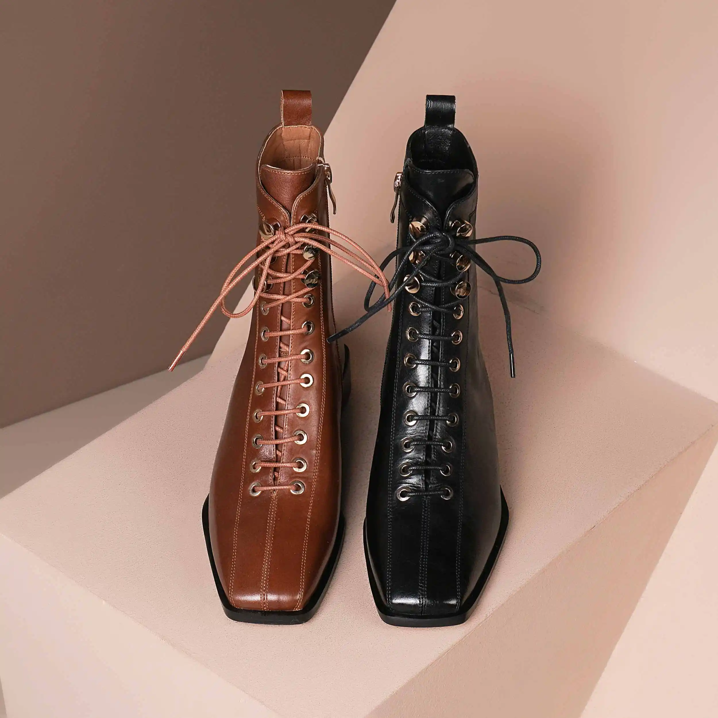 

Krazing pot leisure natural leather high quality fashion cross-tied square toe thick med heel zipper young lady ankle boots L9f5