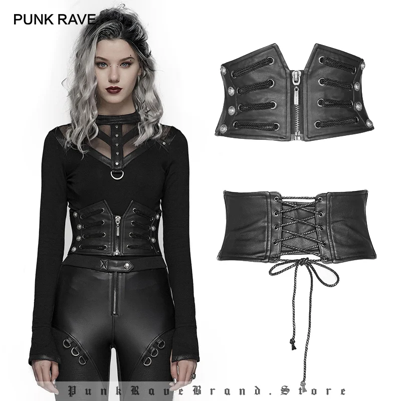 PUNK RAVE Women's Punk Front Zipper Faux Leather Underbust Handsome Corsets Goth Halloween Party Club Waist Corsets
