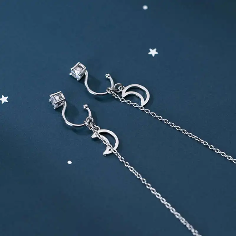 

PONYKISS Trendy S925 Sterling Silver Hollow Moon and Long Tassel Zircon Drop Earrings for Women Anniversary chic Accessory