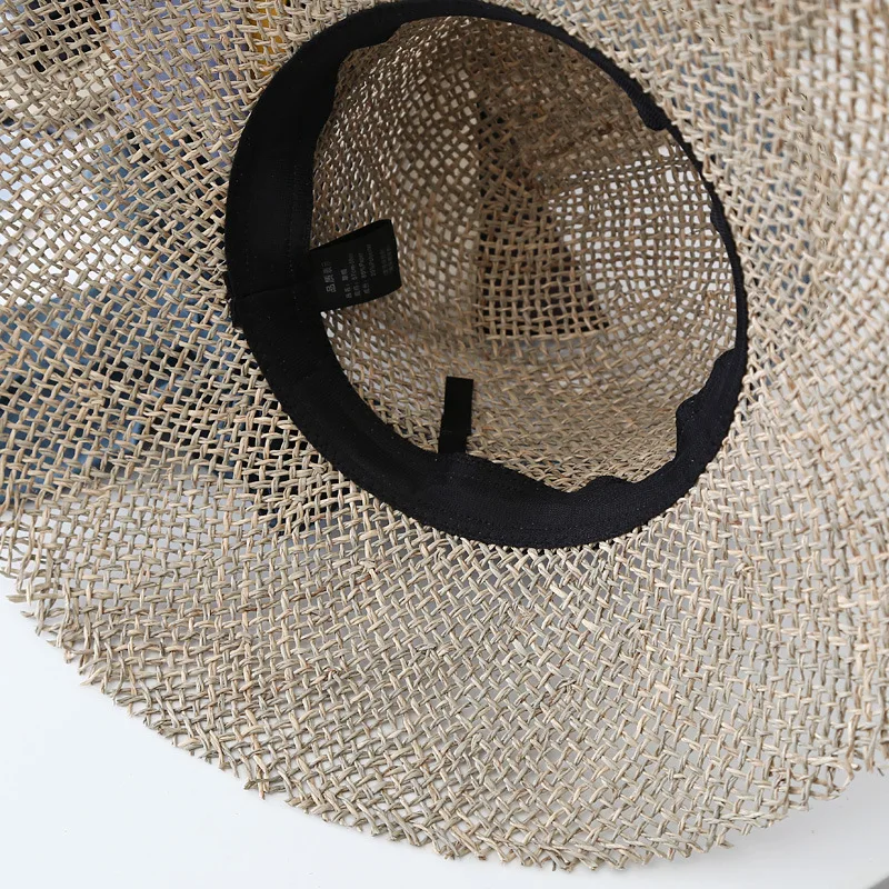 

202103-lulu new summer Handmade salty grass bowknot ribbon big brim beach holiday lady sun cap women leisure hat