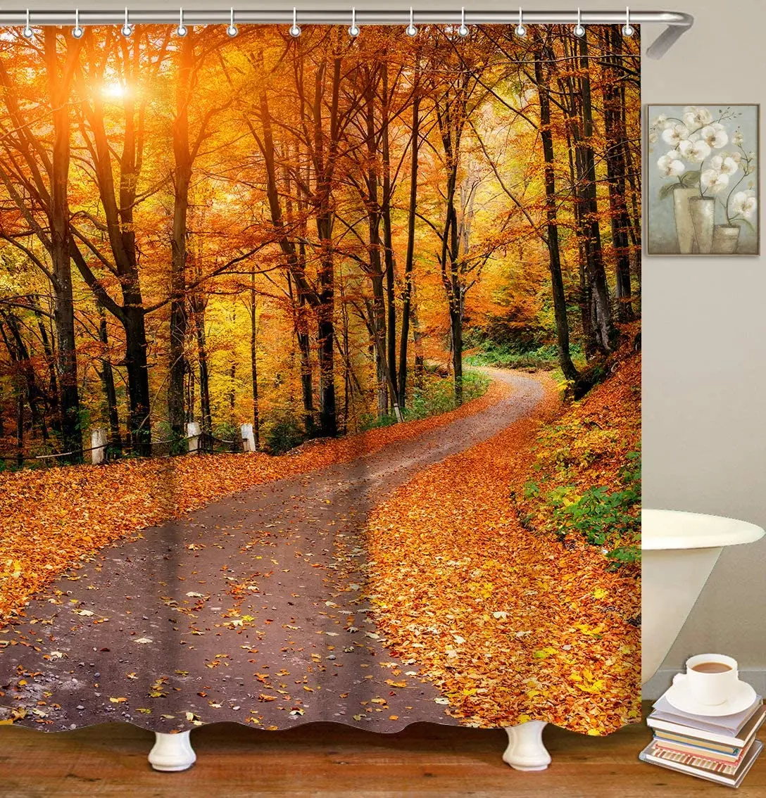 

Fall Autumn Forest Scenery Shower Curtain Set Path Yellow Fallleaves Plant Tree Green Leaves Home Bathroom Bathtub Decor Washabl