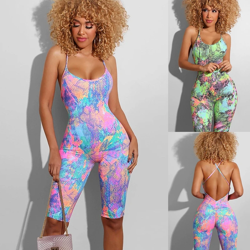 

Tie Dyeing Print Backless Jumpsuit Rompers Trousers Clubwear 2020 New Sexy Women Sleeveless Strap Rompers Playsuit Summer Shorts