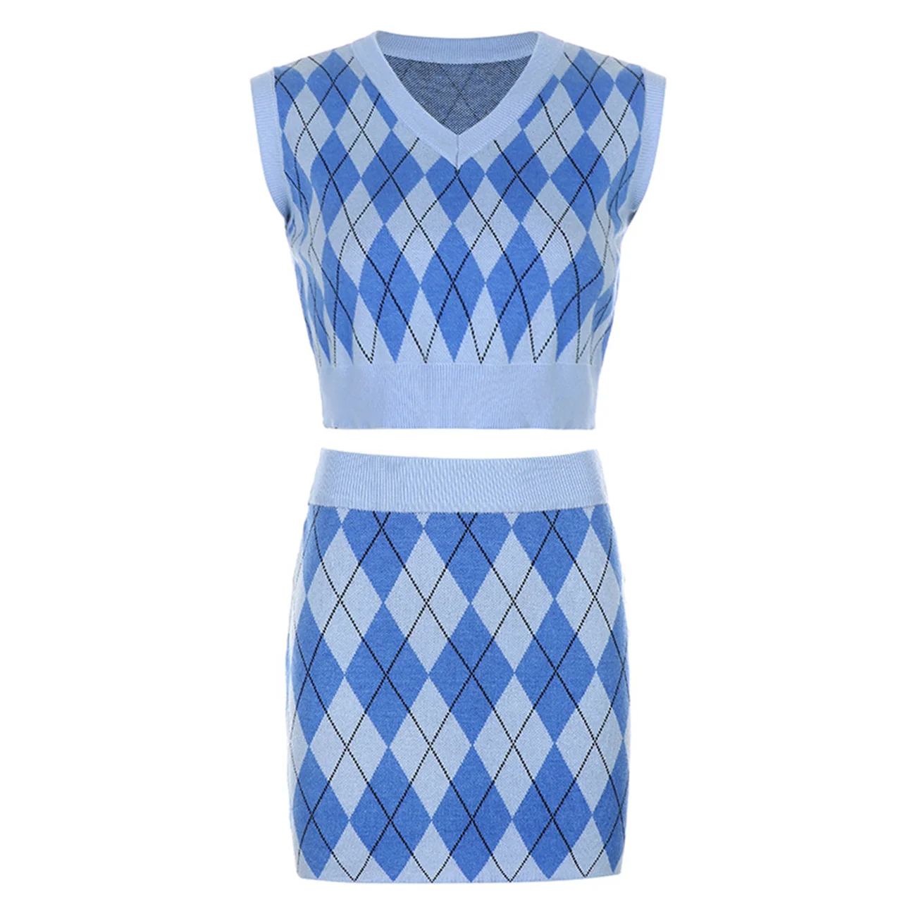 

Casual Y2K Two Pieces Set Argyle Plaid Sleeveless Geometric Knitted Vest 2020 High Waist Skirt Outfits Ladies Suit Matching Sets
