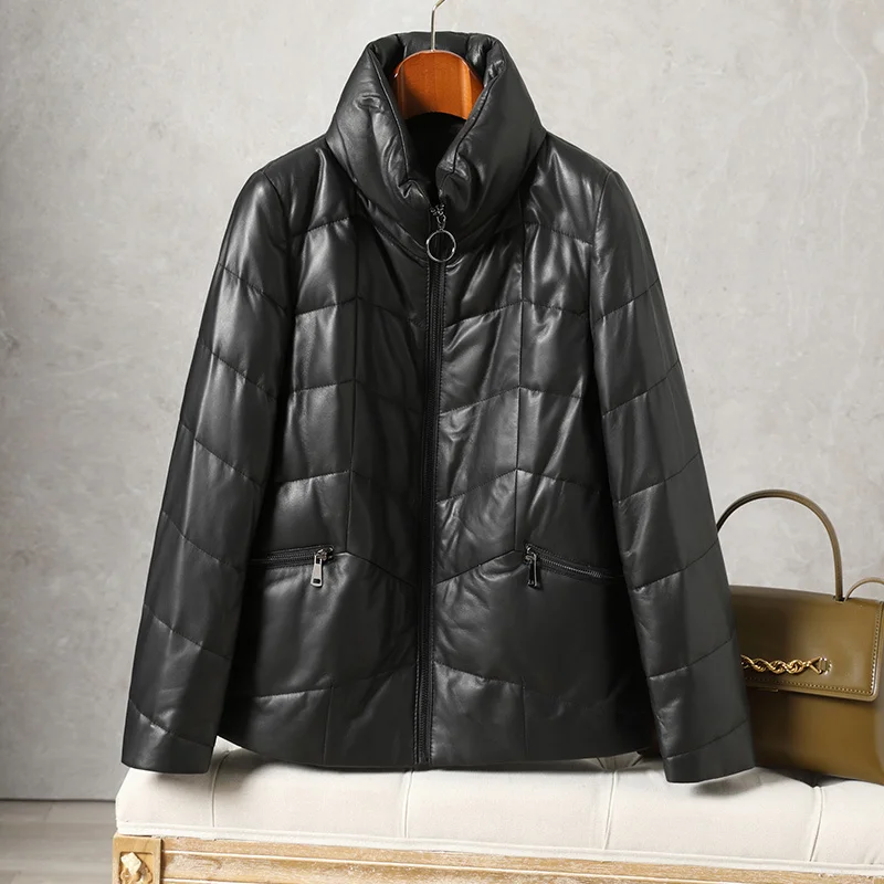 

SHZQ Leather Down Jacket Women's Leather Jacket 2021 Winter New Stand Collar Pure Cotton Sheepskin Small Short Plush Jacket Thic