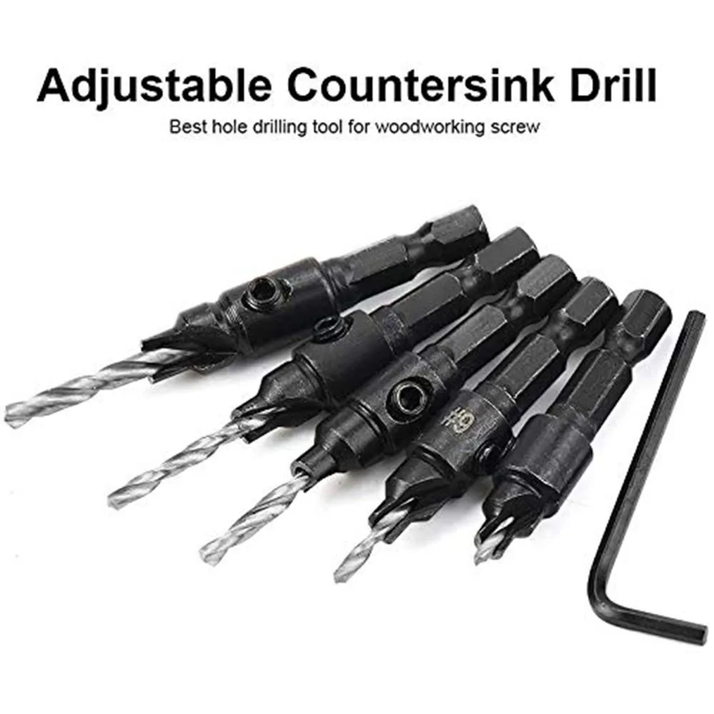 

5pcs Countersink Drill Woodworking Drill Bit Set Drilling Pilot Holes For Screw Sizes #5 #6 #8 #10 #12 With a wrench