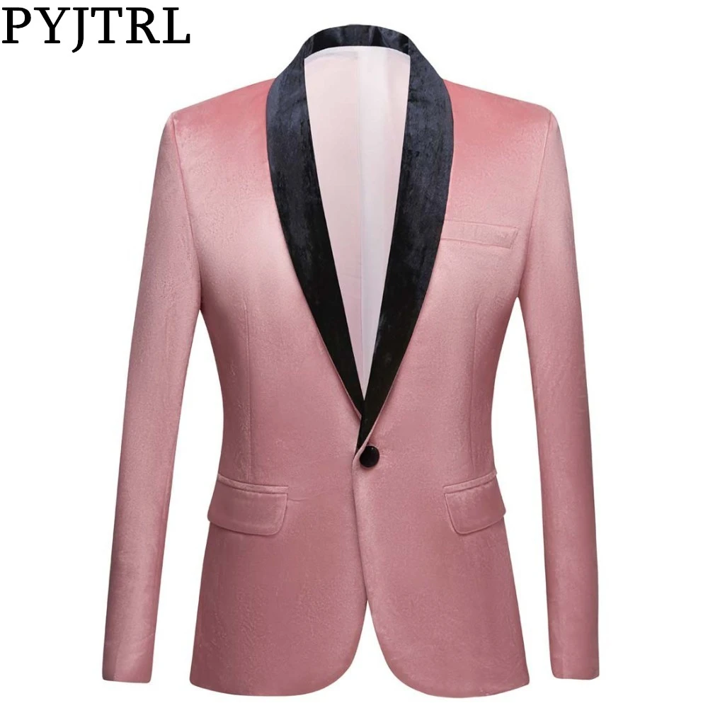 

PYJTRL Men Shawl Lapel Peach Pink Velvet Slim Fit Blazers Wedding Groom Prom Dress Tuxdudo Coat Hombre Plus Size Suit Jacket