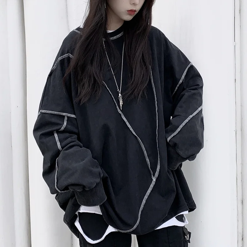 

Женская дизайнерская футболка с длинным рукавом Ранняя осень корейский стиль винтажная тонкая куртка с капюшоном Bf Свободный топ с вырезом...