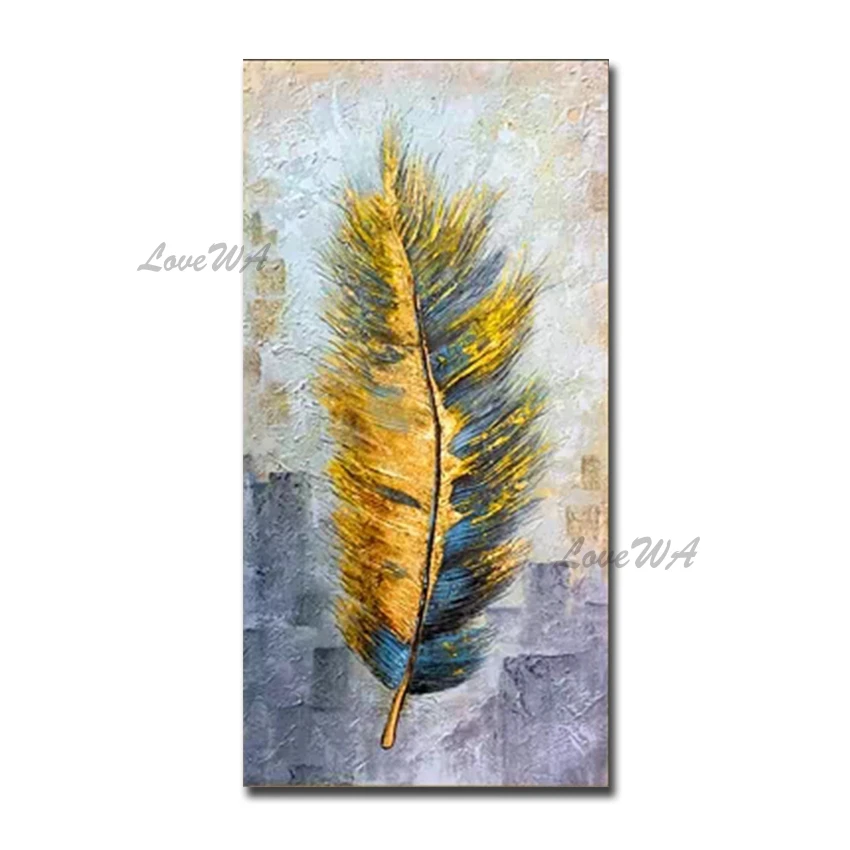 

100% Hand Painted Abstract Gold Foil Feather Oil Painting Canvas Acrylic Thick Wall Picture Art For Living Room Decoration