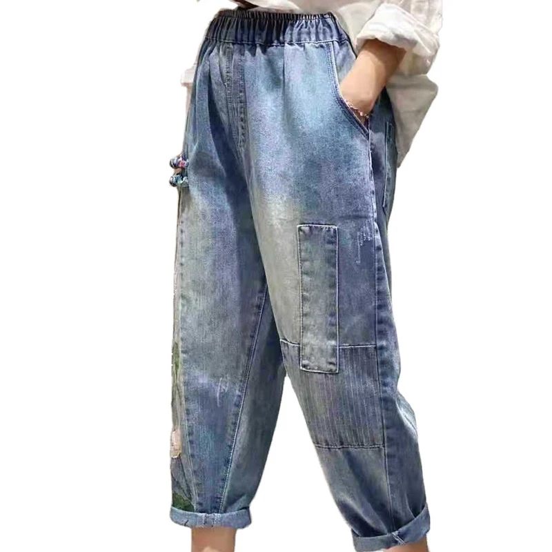 

Max LuLu Chinese New Style Spring Womens Vintage Bleached Jeans Ladies Embroidery Denim Trousers Female Elastic Pants Plus Size