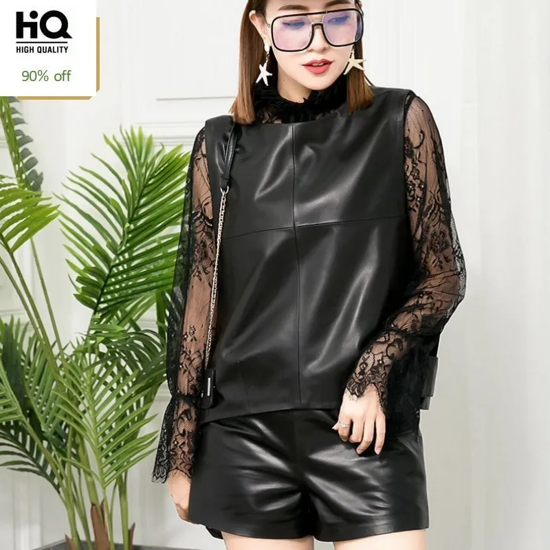 Летний женский комплект топ без рукавов жилет + кожаные шорты костюмы для женщин