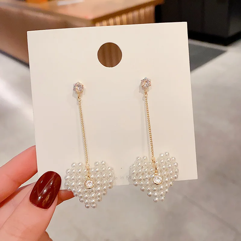 

Wholesale 925 Silvers Pin Pearl Love Heart Earrings Female Long Ear Line Ear Studs Earrings Jewelry Gift