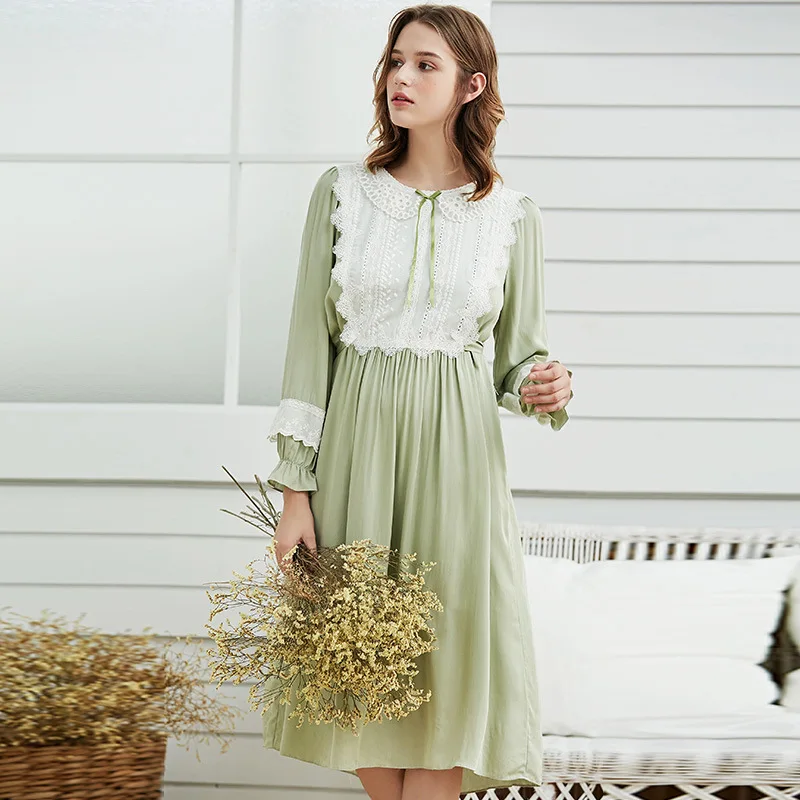 Pajamas Women Autumn Cotton Silk Green CutePalace Retro Long Sleeve Nightdress Mid-length Home Service