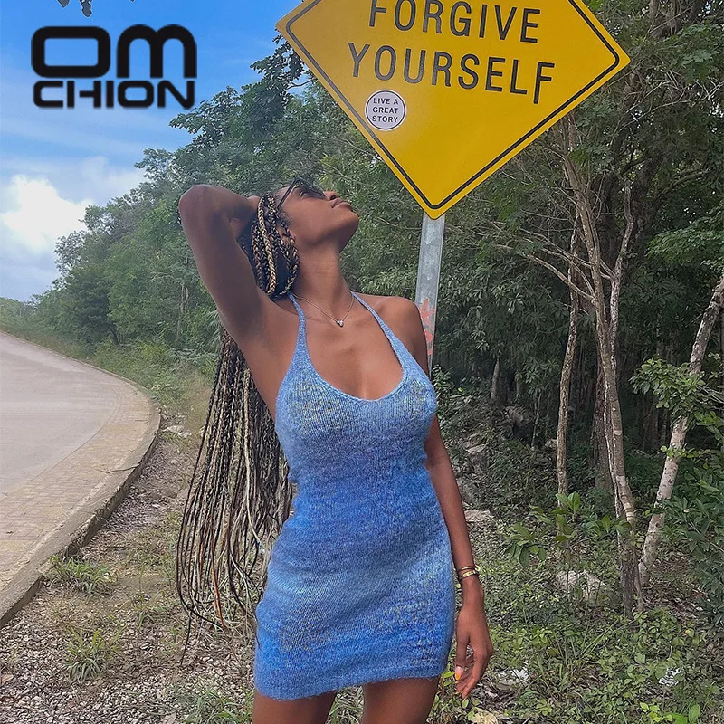 

OMCHION Vestidos 2021 O шеи Холтер без рукавов сексуальное летнее платье для женщин повседневный градиентный принт трикотаж открытая спина Мини плат...