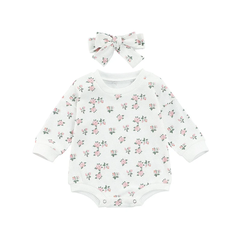 

Baby Girl Floral Romper, Long Sleeve Round Neck Crotch Buttons Loose Fall Winter Bodysuit, Headband