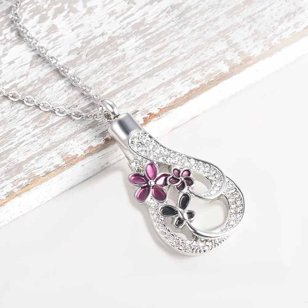 Stainless Steel Cremation Jewelry Crystal Enamel Flower Urn Pendant Keepsake Necklace  Memorial Locket for Mam