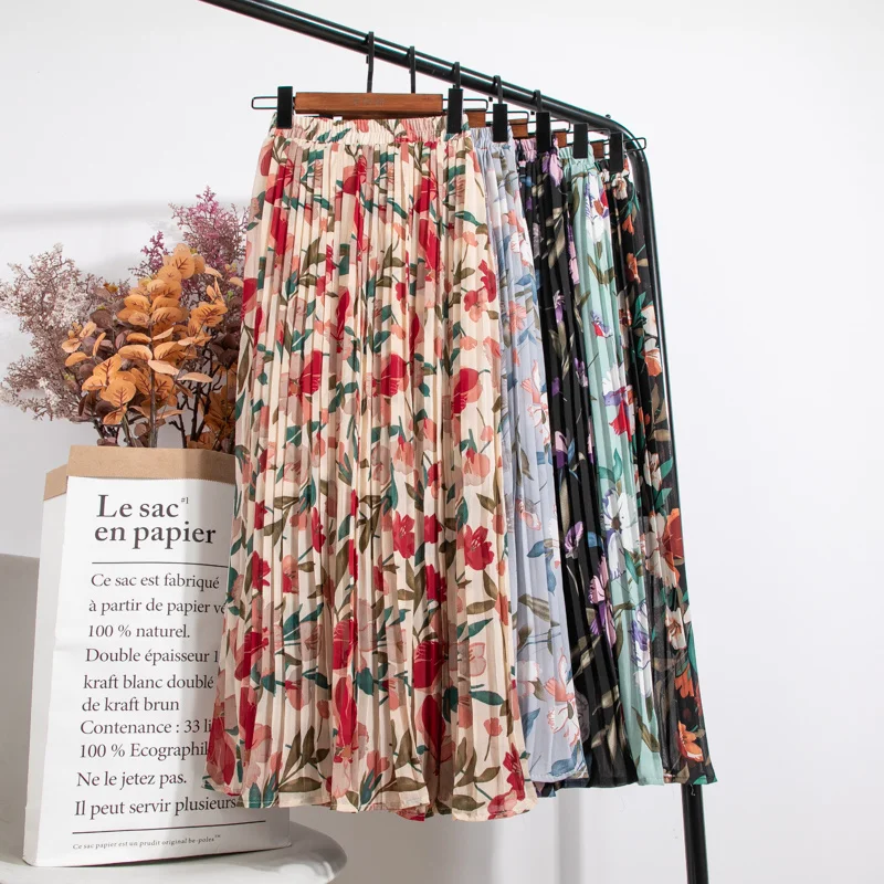 

Skirts Womens 2021 High Waist Floral Print Mid Calf Long Pleated Skirt Women Summer Vintage Elegant Chiffon Midi Skirt