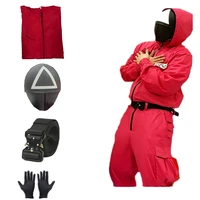 squid game costume 4pcs soldier boss mask squidgame cosplay halloween villain red jumpsuit belt black gloves party face masks