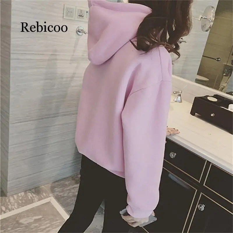 

2019 New Social Harajuku Hoodies For Girls Solid Color Hooded Tops Women's Sweatshirt Long-sleeved Winter Velvet Thickening Coat
