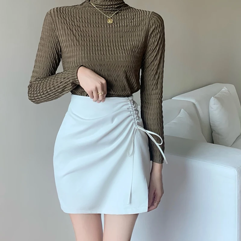 

Autumn 2022 New Waist Retracting Drawstring Design High Waist and Thin A-shaped Split Leather Skirt women's Skirt