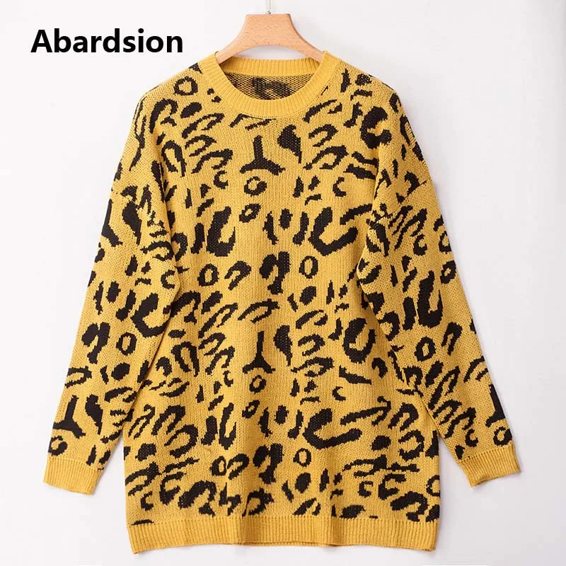Abardsion женские леопардовым вязаные пуловеры свитер Осень зима повседневный