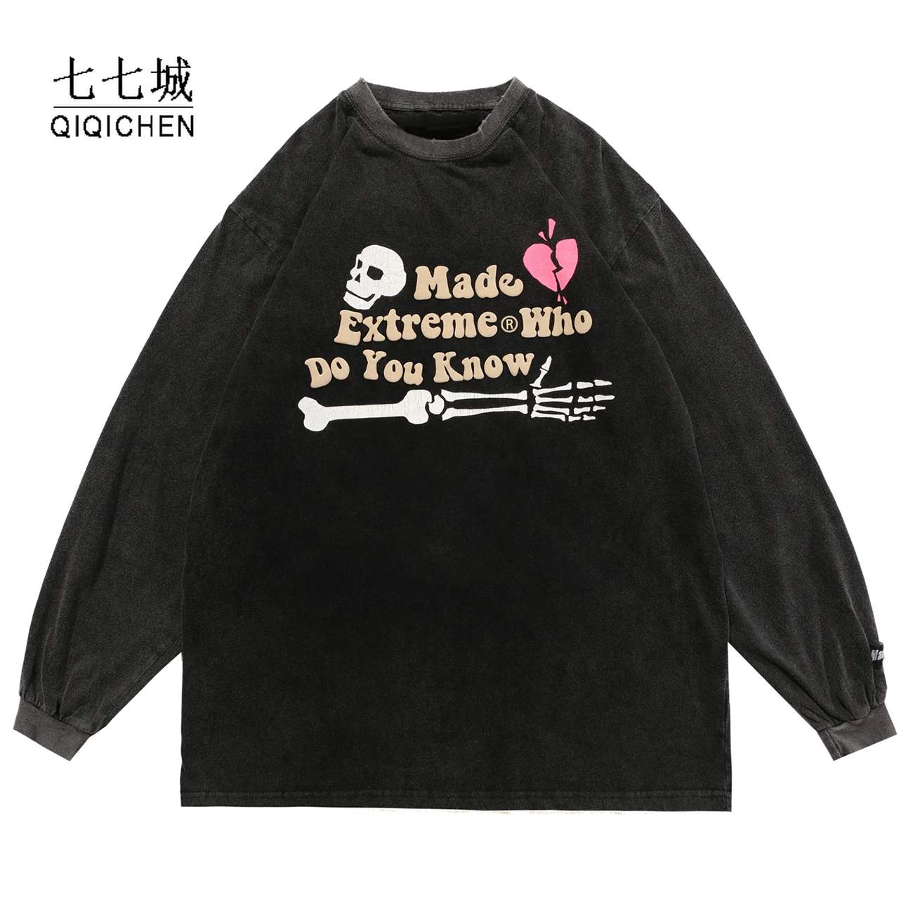 

Distressed Washed Tshirts Men Skeleton Skull Heart Oversized Streetwear Hip Hop Harajuku Long Sleeve T Shirts Vintage Sweatshirt