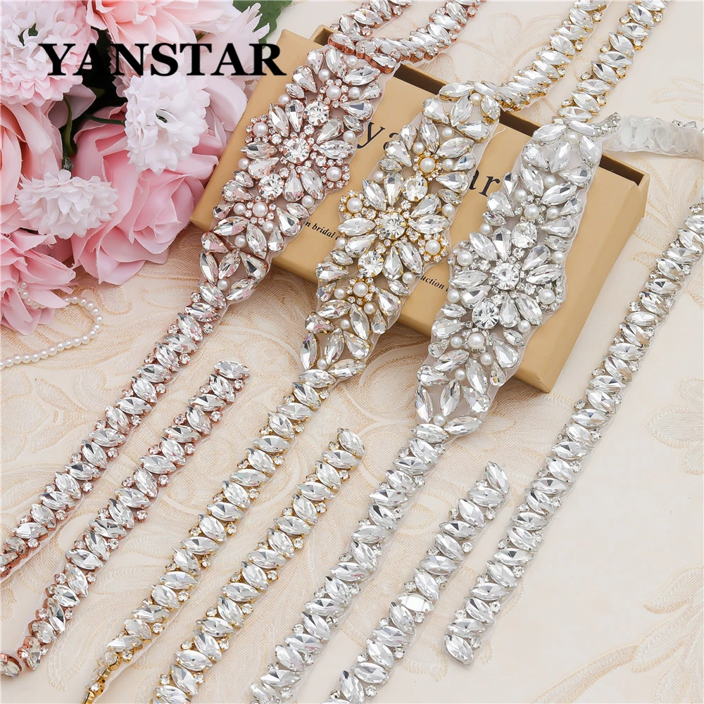 YANSTAR-Apliques de diamantes de imitación para vestido de novia, accesorio de longitud completa, color oro rosa, YS858, 1 pieza