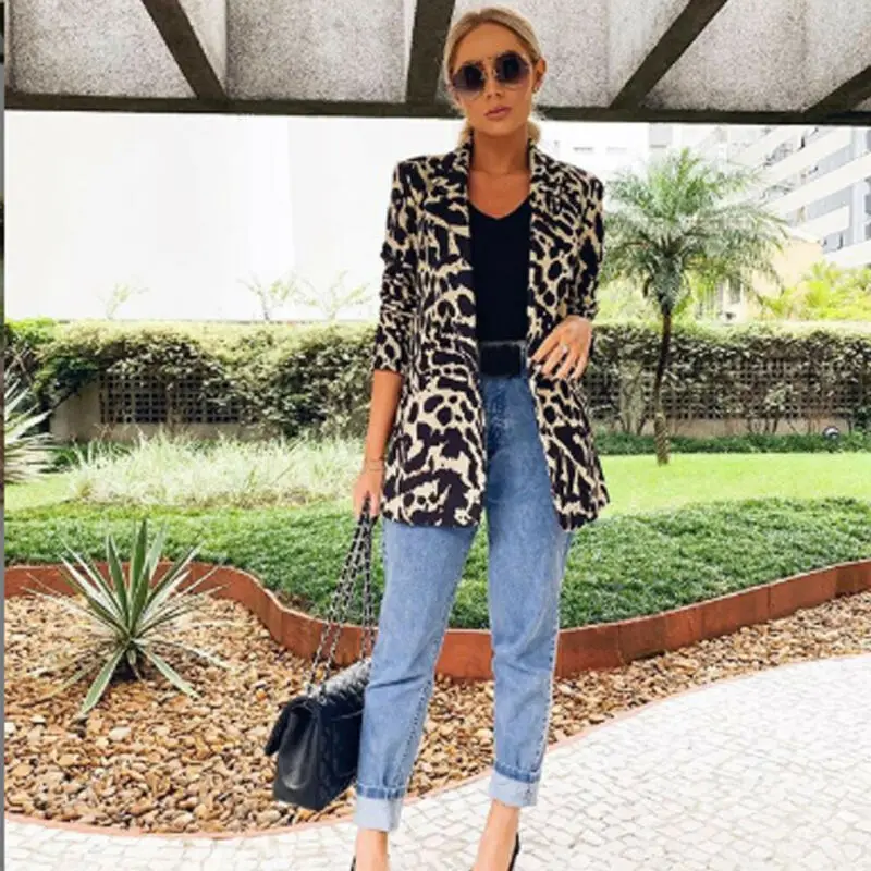 

2019 New Casual Womens Ladies Slim Long Sleeve Leopard Print Jacket Casual Long Women Top Jacket Coat Outwear