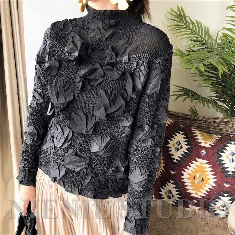 

Miyake Pleated Designer's Unique Small Ruffled Long Sleeve Flower Top