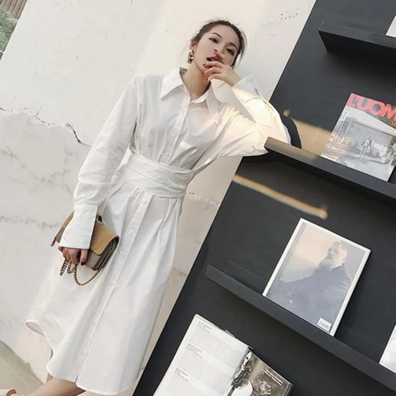 Новое поступление Осеннее женское белое платье рубашка с длинным рукавом и