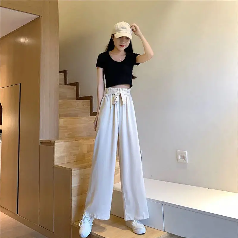 

Wide leg pants women's summer thin style loose lace up slim pants casual pants students' vertical high waist straight pants