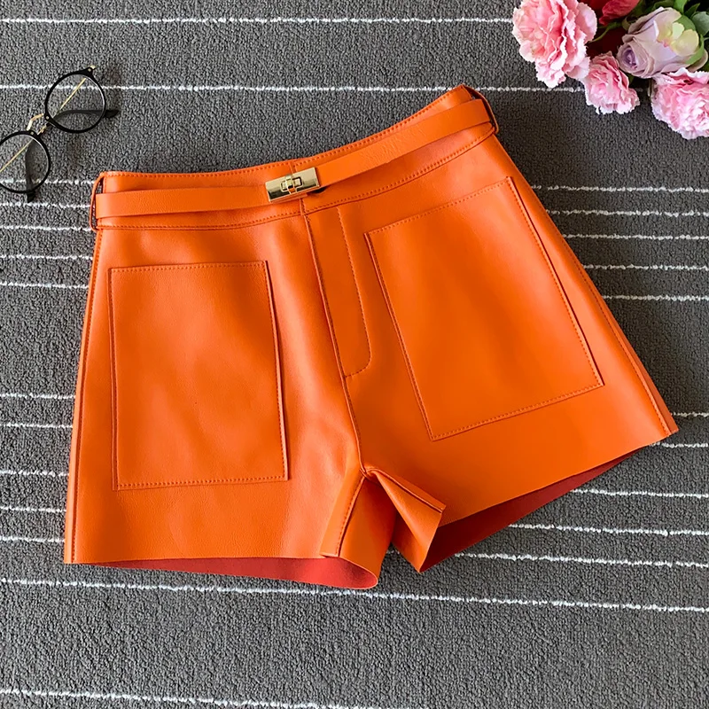 Chic Women's High quality Sheepskin High-rise leather pants fashion women Real leather short pants C440