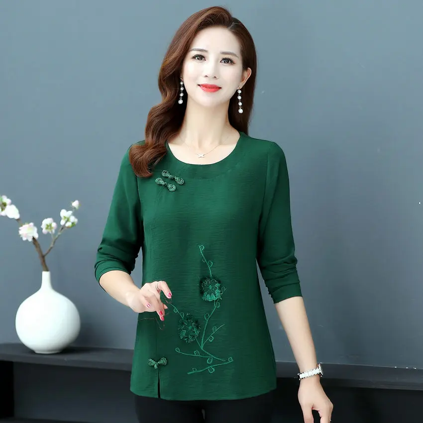 Oriental Style Women Spring Retro Blouses Green Black Red Floral Embroidery Tunic Ethnic Long Sleeve O-Neck Vintage Button Top | Женская