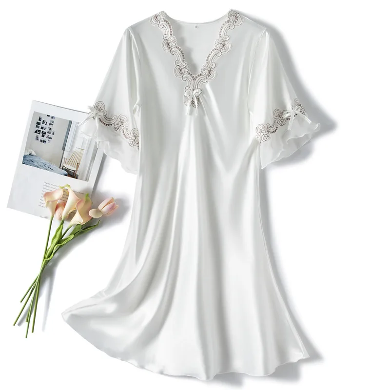 

Ruffles Sleeve Nightgown Women V-neck Nightdress Summer New Sleep Dress Female Lace Sleepwear Casual Home Dress Nightwear