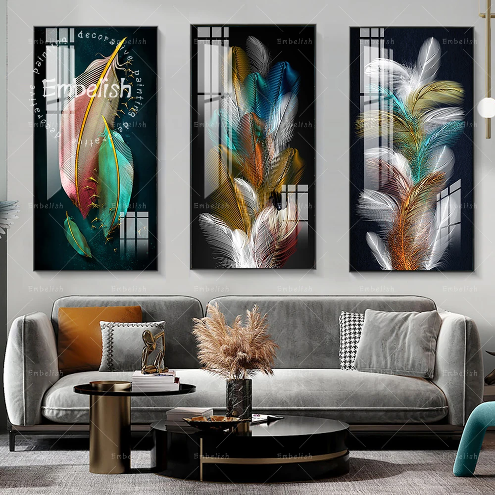 

Embelish Colorful Feathers On Black Modern Home Decor Pictures For Living Room Wall Art Posters HD Spray On Canvas Paintings