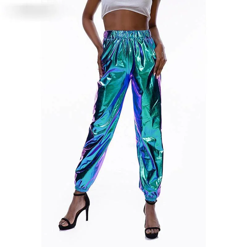 

2021 Fashion Trend Futuristic Metallic Trousers Loose Reflective Pants New Hip-hop Women's Side Pocket Leggings New Pants