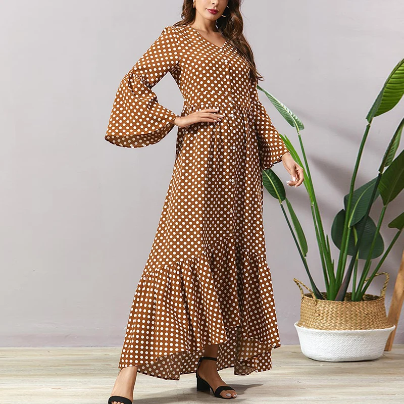

Plus Size Loose Maxi Dresses Women 2020 Fashion New Clothes Bohemian Casual Dress Female Dot V Neck Flare Long Sleeve