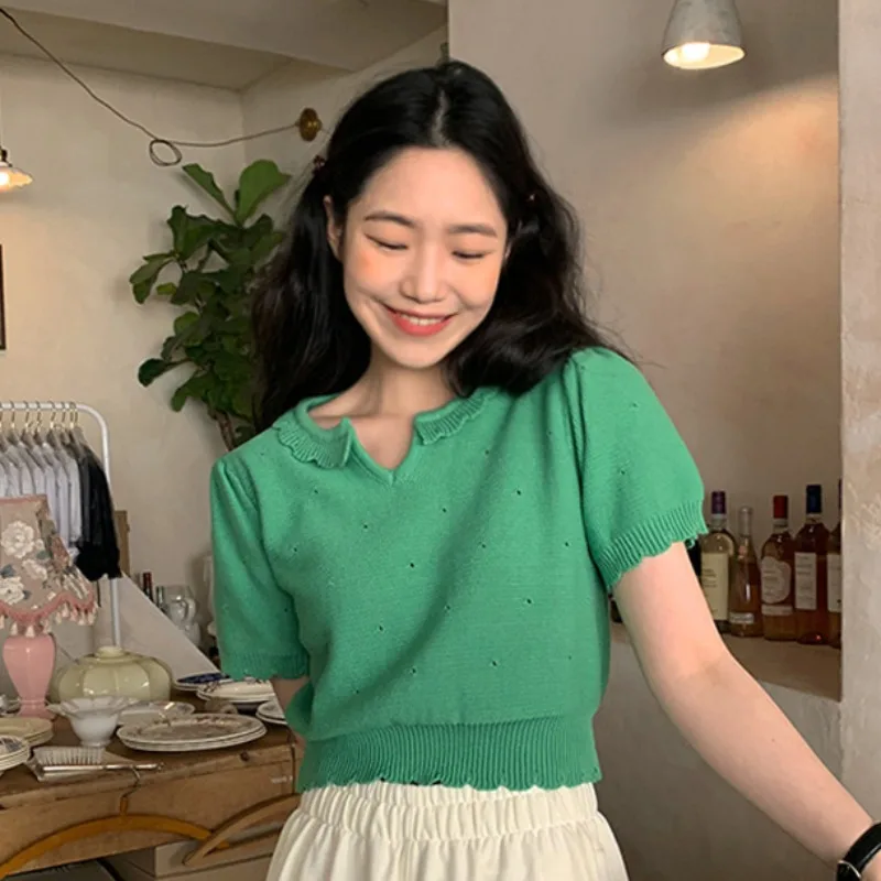 

French Retro Summer Sweet Ruffles Lapel Knit Sweaters Hollow Out Thin Loose Elegant Puffs Sleeve Short Crop Top Pullovers Street