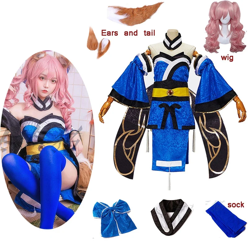 Аниме экстелла CCC FGO Fate Grand Order Tamamo no Mae Косплей костюмы синий топ платье кимоно юката Хэллоуин Униформа парик