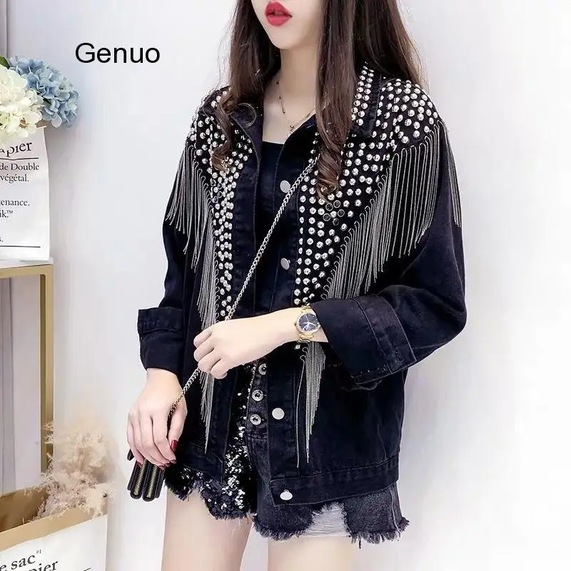 Весна Осень 2020 джинсовая куртка пальто для женщин с заклепками кисточками