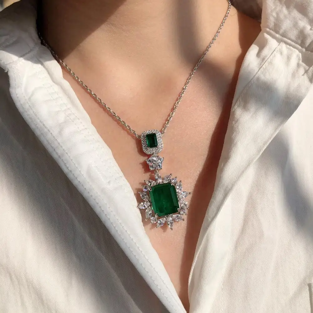 

WOMEN 925 STERLING SILVER SYNTHETIC EMERALD DIAMOND STONE FLOWER PENDANT NECKLACE VINTAGE COLIER FEMME PARTY JEWELLERY