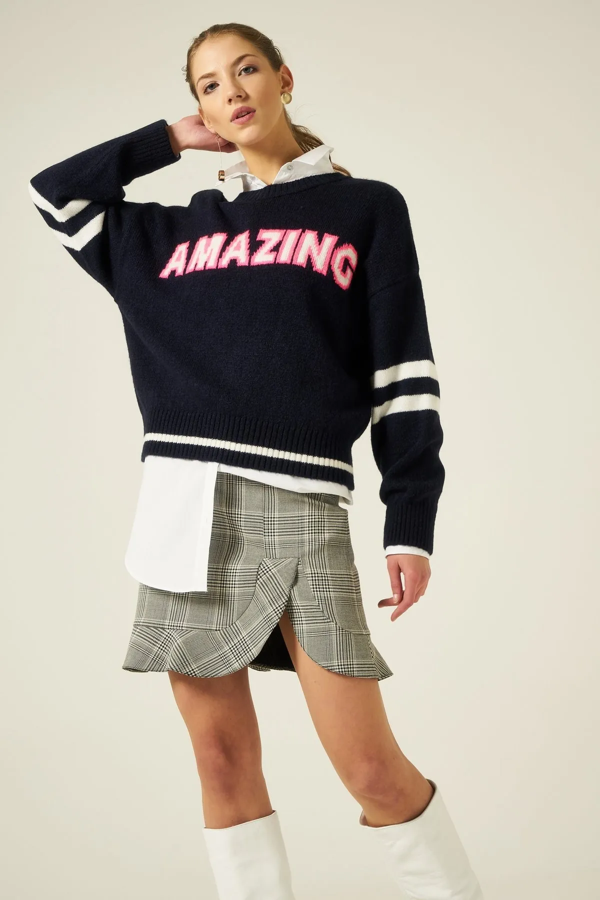 Трикотажный свитер с велосипедным воротником-темно-синий |